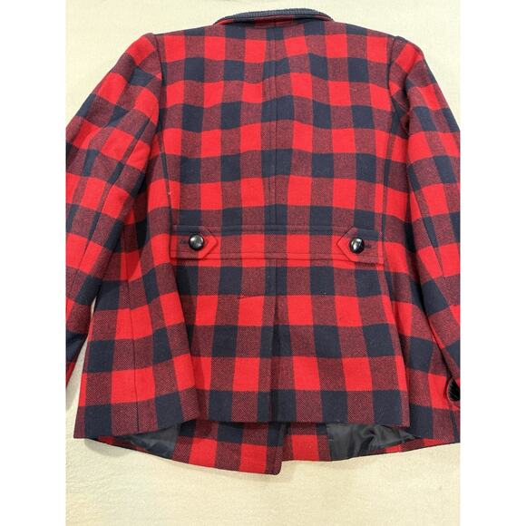 Talbots Womens Pea Coat Red Buffalo Plaid Lined Wool Jacket Sz L 14 Petite Navy - Picture 14 of 16